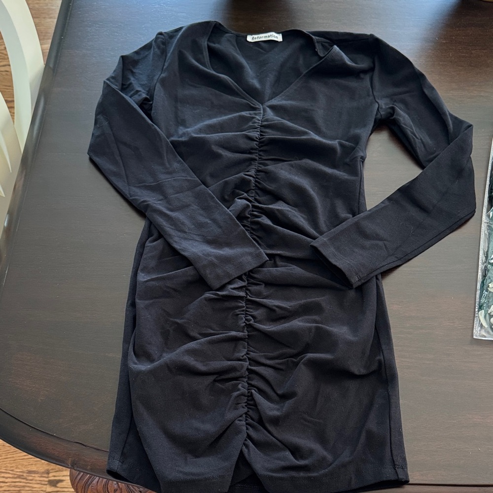 REFORMATION Black Rouched Long Sleeve Mini Dress XS